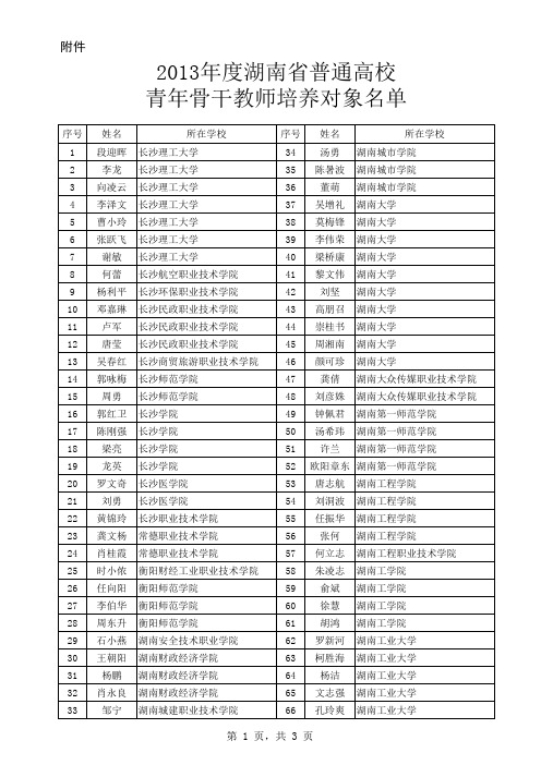 2013年湖南省普通高校青年骨干教师培养对象评审通过人员名单