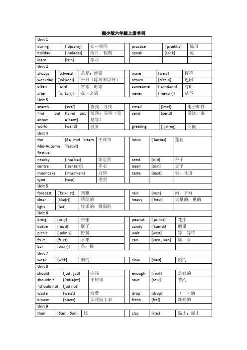 湘少版六年级上下册英语单词