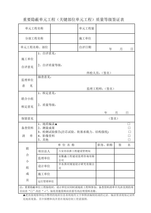 重要隐蔽单元工程(关键部位单元工程)质量等级签证表