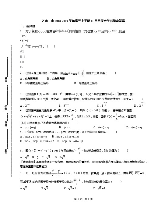 芒市一中2018-2019学年高三上学期11月月考数学试卷含答案