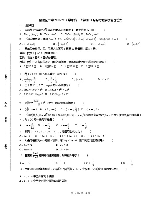 普陀区二中2018-2019学年高三上学期11月月考数学试卷含答案