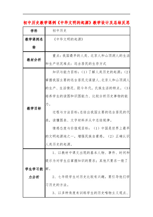 初中历史教学课例《中华文明的起源》课程思政核心素养教学设计及总结反思