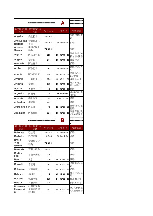 国际区号以及北京时间工作表