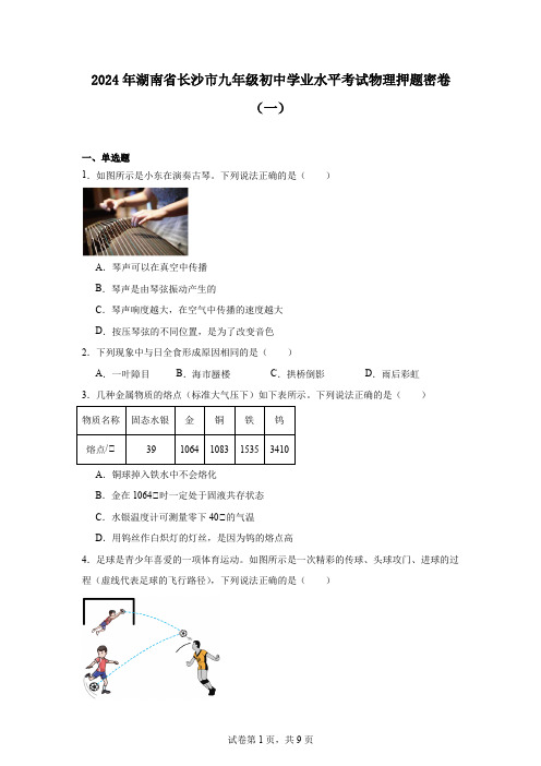 2024年湖南省长沙市九年级初中学业水平考试物理押题密卷(一)