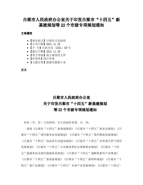 吕梁市人民政府办公室关于印发吕梁市“十四五”新基建规划等22个市级专项规划通知