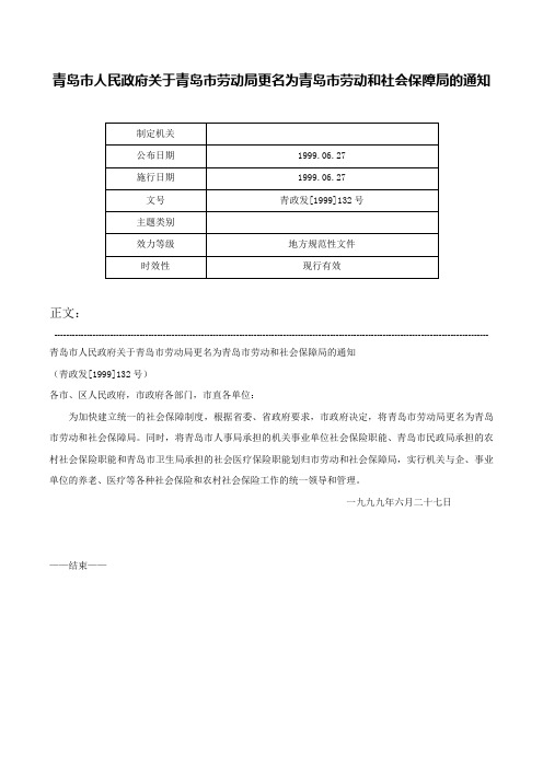 青岛市人民政府关于青岛市劳动局更名为青岛市劳动和社会保障局的通知-青政发[1999]132号