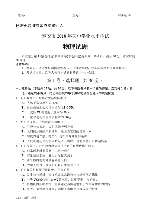 2018年山东泰安中考物理试题及其答案