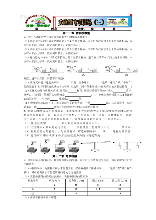 新人教版八年物理下期末双基训练：实验题专项训练(三)附答案