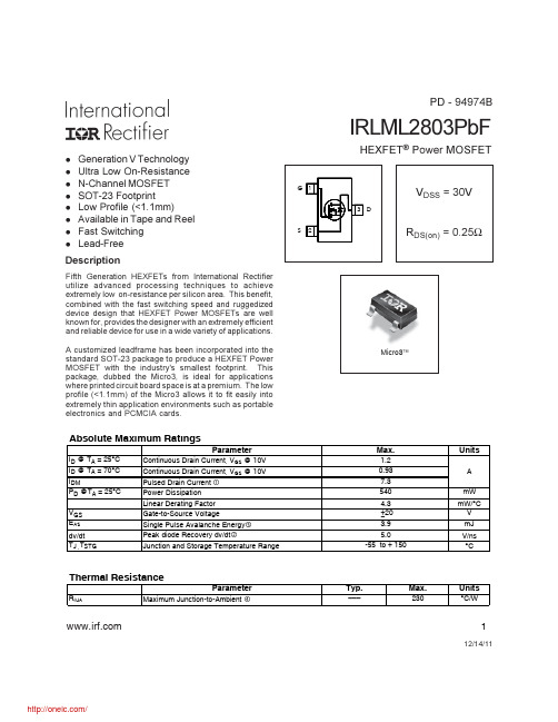 IRLML2803TRPBF;中文规格书,Datasheet资料