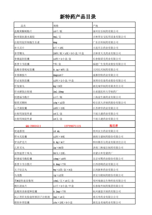 专科新特药产品目录