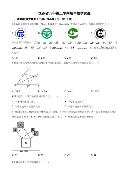 江苏省初中数学八年级上册  试题(含答案)