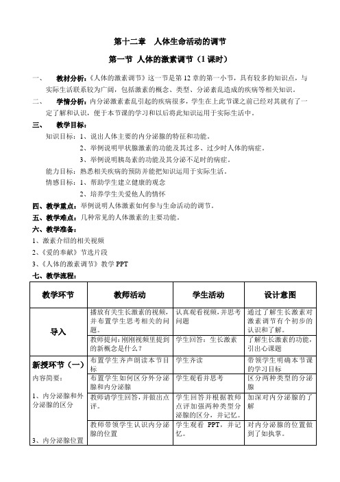 苏教版初中生物七年级下册教案-4.12.1 人体的激素调节19