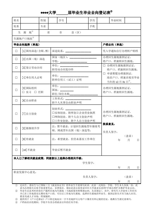 大学毕业生毕业去向登记表