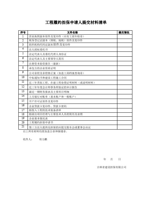 担保申请人提交材料清单表1