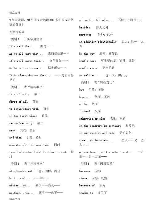 9类过渡词、30组同义表达附100条中国成语俗语的翻译!资料