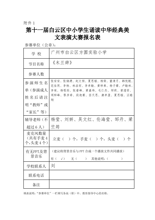 中小学生诵读中华经典美文表演大赛报名表