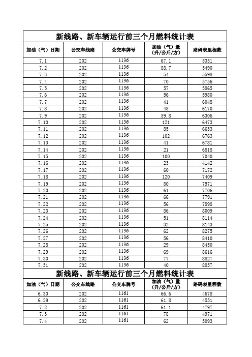 新线路开通前三个月油料公里统计表