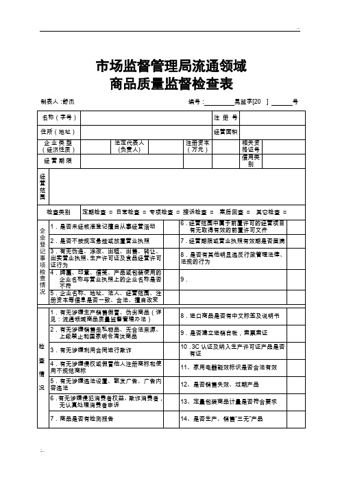 市场监督管理局监督检查表(通用)