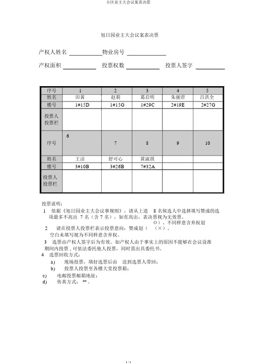 小区业主大会议案表决票