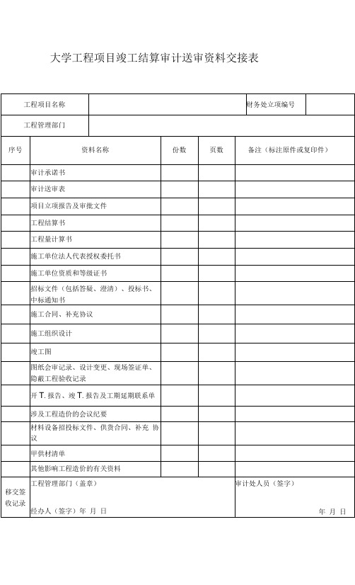 大学工程项目竣工结算审计送审资料交接表