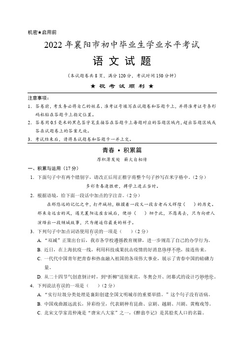 2022年湖北省襄阳市中考语文试卷(含答案解析)