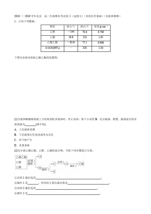 高二年级期末考试复习(选修五)(有机化学基础)(实验和推断)