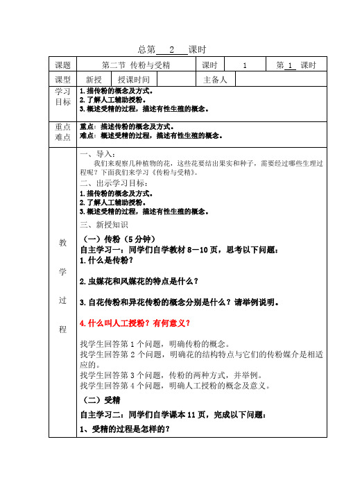 济南版八年级生物上册4.1.2传粉与受精