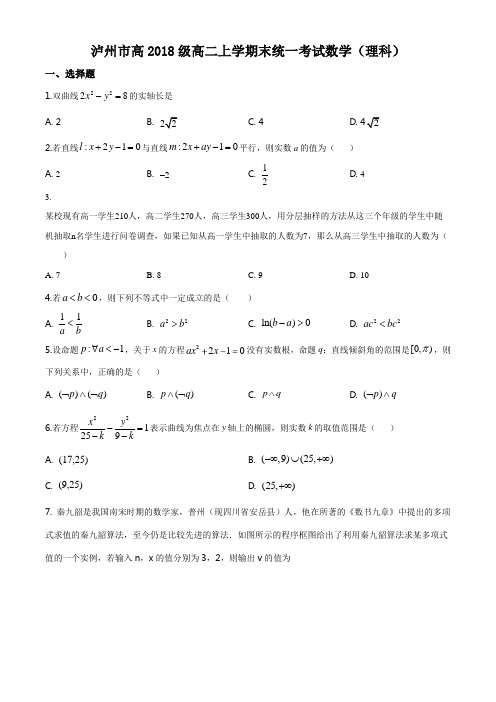 四川省泸州市2019-2020学年高二上学期期末数学(理)试题(原卷版)