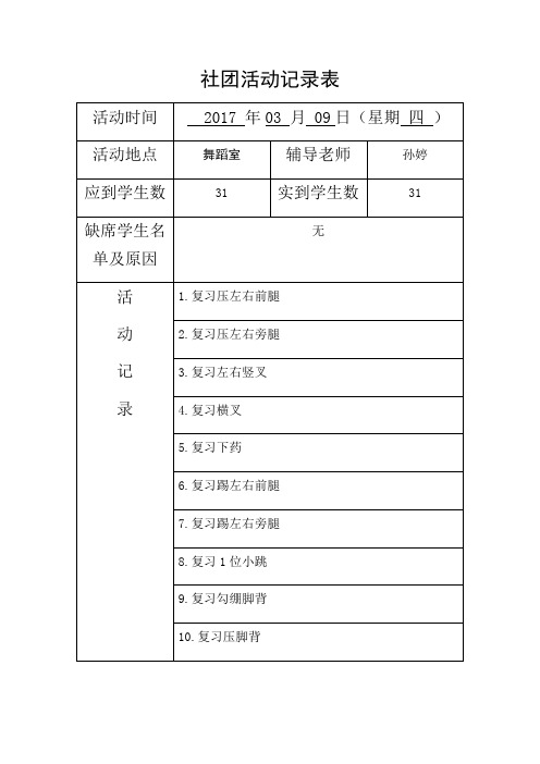 小学舞蹈社团活动记录表