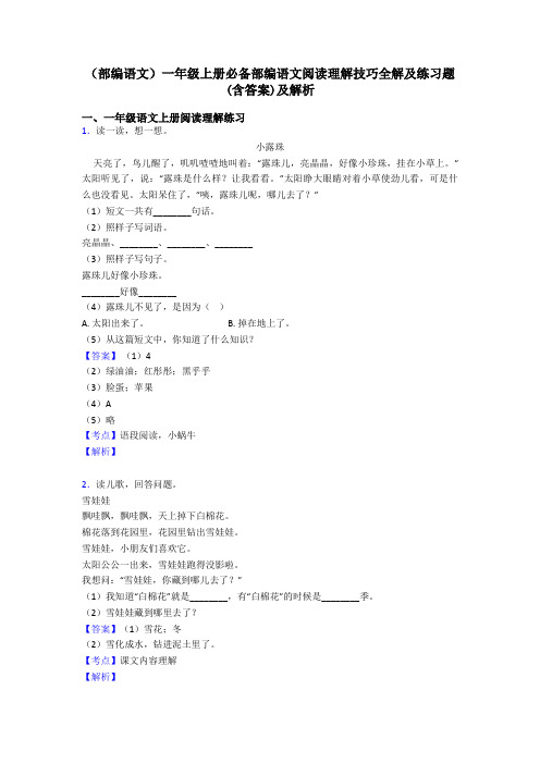 一年级(部编语文)一年级上册必备部编语文阅读理解技巧全解及练习题(含答案)及解析