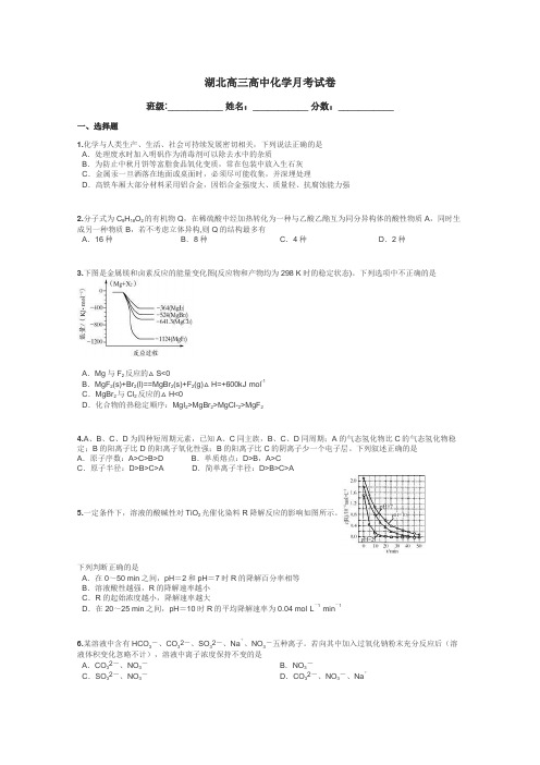 湖北高三高中化学月考试卷带答案解析
