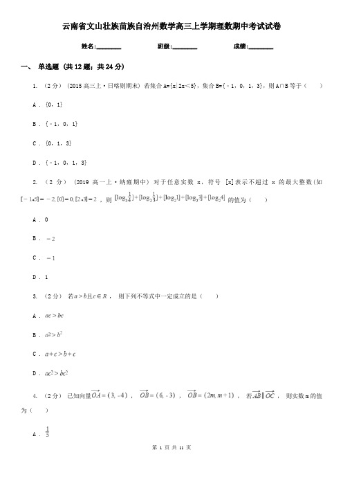 云南省文山壮族苗族自治州数学高三上学期理数期中考试试卷