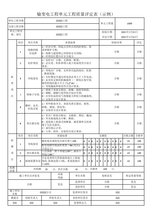 输变电工程单元工程质量评定表(示例)