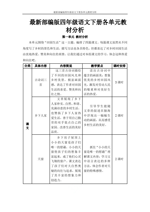 最新部编版四年级语文下册各单元教材分析