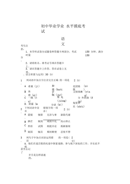 2020-2021学年湖南省娄底市中考语文模拟试卷及答案