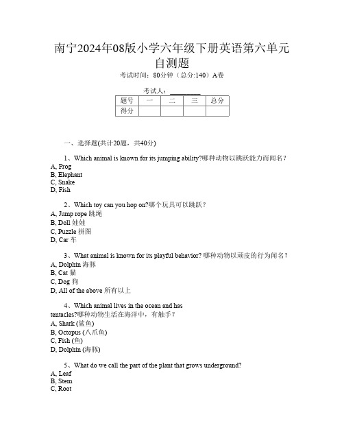 南宁2024年08版小学六年级下册第3次英语第六单元自测题