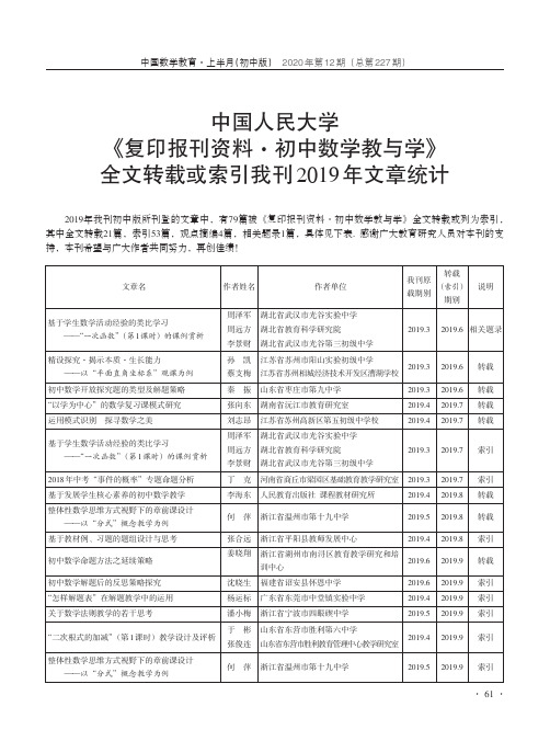 中国人民大学《复印报刊资料·初中数学教与学》全文转载或索引我刊2019年文章统计