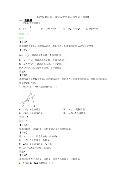 苏教版七年级下册期末数学重点初中题目及解析