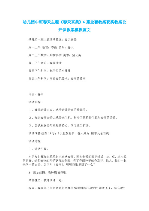幼儿园中班春天主题《春天真美》6篇全套教案获奖教案公开课教案模板范文