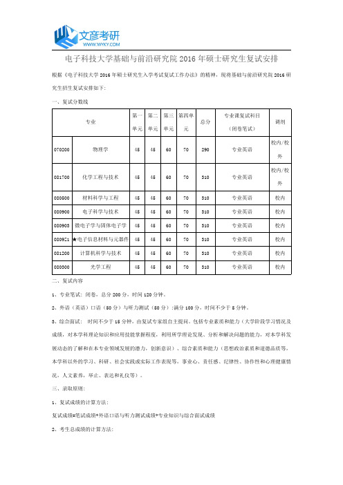 电子科技大学基础与前沿研究院2016年硕士研究生复试安排_电子科技大学研究生院