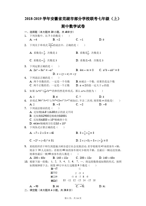 2018-2019学年安徽省芜湖市部分学校联考七年级(上)期中数学试卷