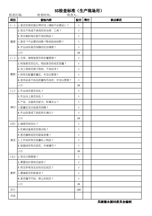 5S检查标准(生产现场)