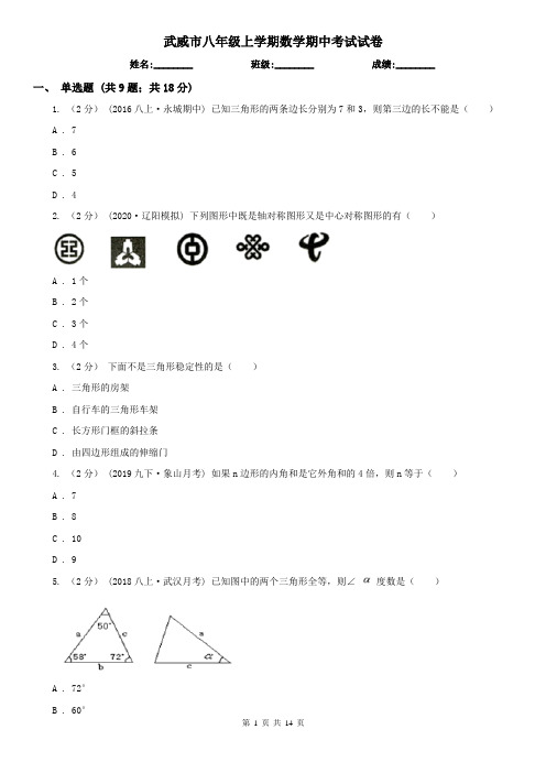 武威市八年级上学期数学期中考试试卷