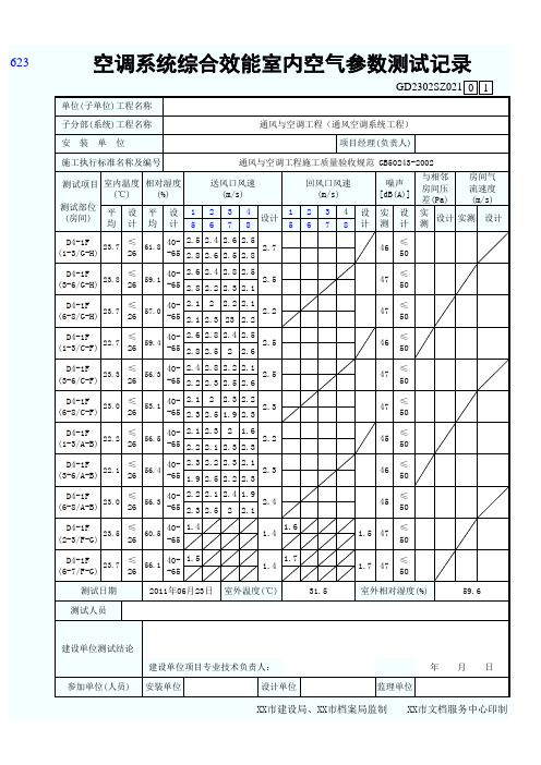 空调系统综合能效室内空气参数测试记录