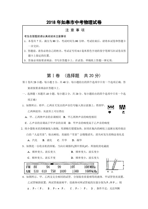 2018年如皋市中考一模物理试卷及答案