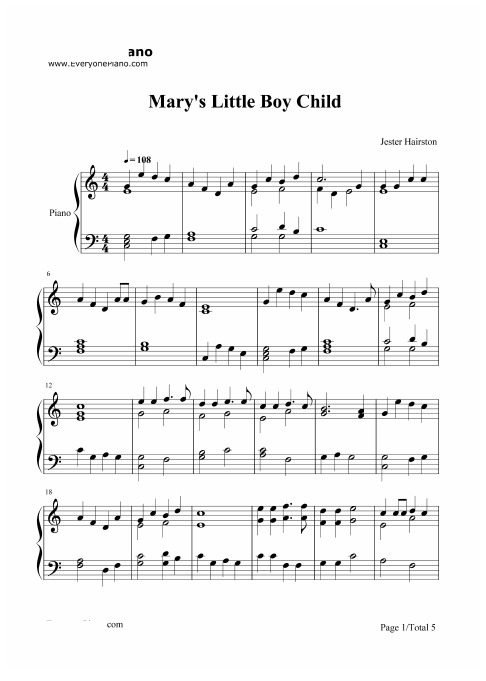 钢琴谱 Marys Boy Child-圣诞歌曲 五线谱_共5张(全)