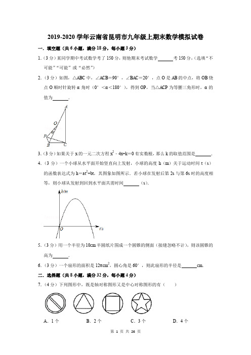 2019-2020学年云南省昆明市九年级上期末数学模拟试卷及答案解析