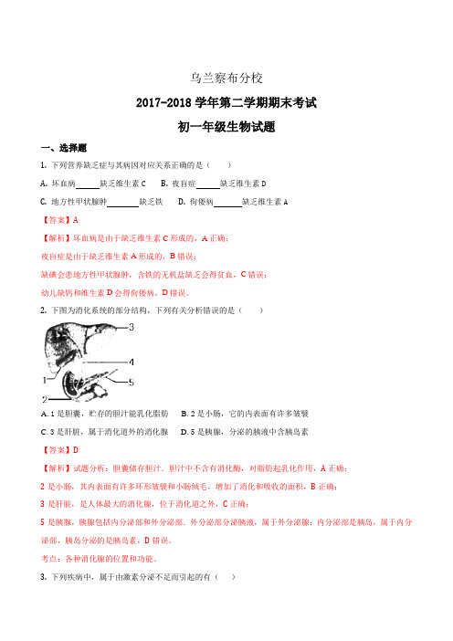 内蒙古北京八中乌兰察布分校2017-2018学年七年级下学期期末考试生物试题(解析版)