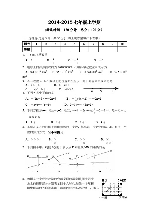 最新2015七年级上学期数学期末试题及答案