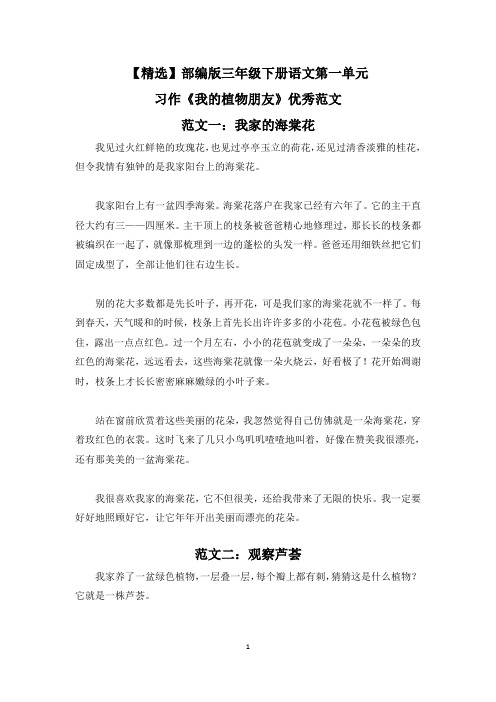 【精选】部编版三年级下册语文第一单元习作《我的植物朋友》优秀范文